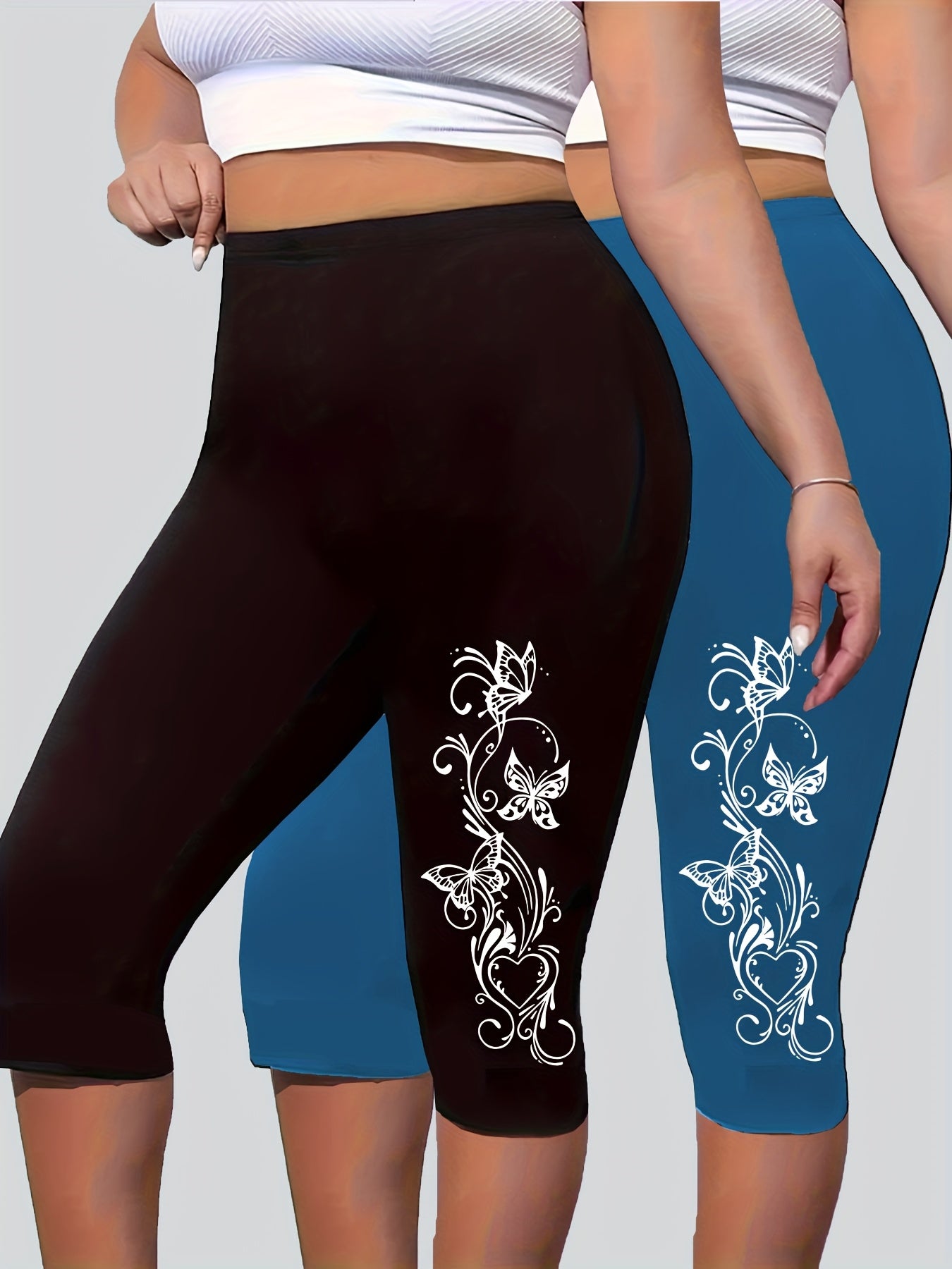 Plus Size Women High-Waisted Leggings 2 Pack Summer Butterfly Heart Print Stretchy Polyester