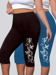 Plus Size Women High-Waisted Leggings 2 Pack Summer Butterfly Heart Print Stretchy Polyester