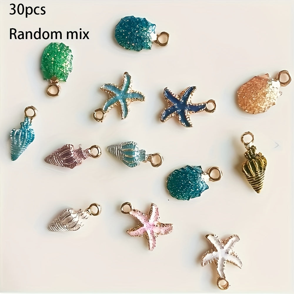 Set of 30 Mixed Sea Life Alloy Pendants with Conch Shell and Starfish Charms for DIY Jewelry Making