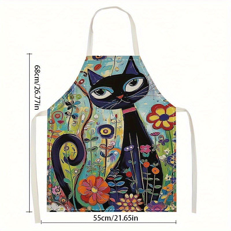 Linen Apron with Retro Cat Painting Pattern for Kitchen Cooking and Cleaning