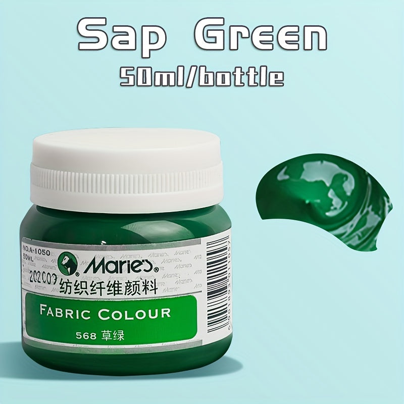 1 shisha Marie's Fabric Paint, 50ml - doimiy kiyim bo'yash uchun 12 rang mavjud. O'rta cho'tka kiritilgan. San'atkorlar va hunarmandlar uchun ideal. T-shirtlar, poyabzallar, jinsilar uchun mos.