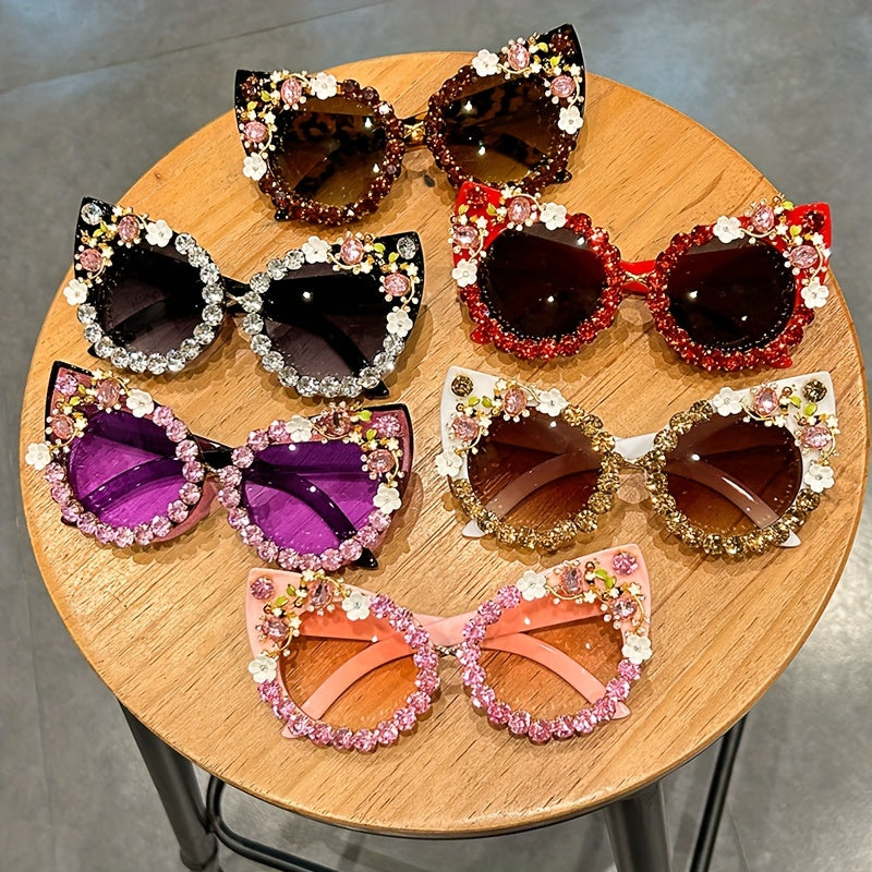 Floral Rhinestone Cat-Eye Gradient Sunglasses for Costume Parties and Proms