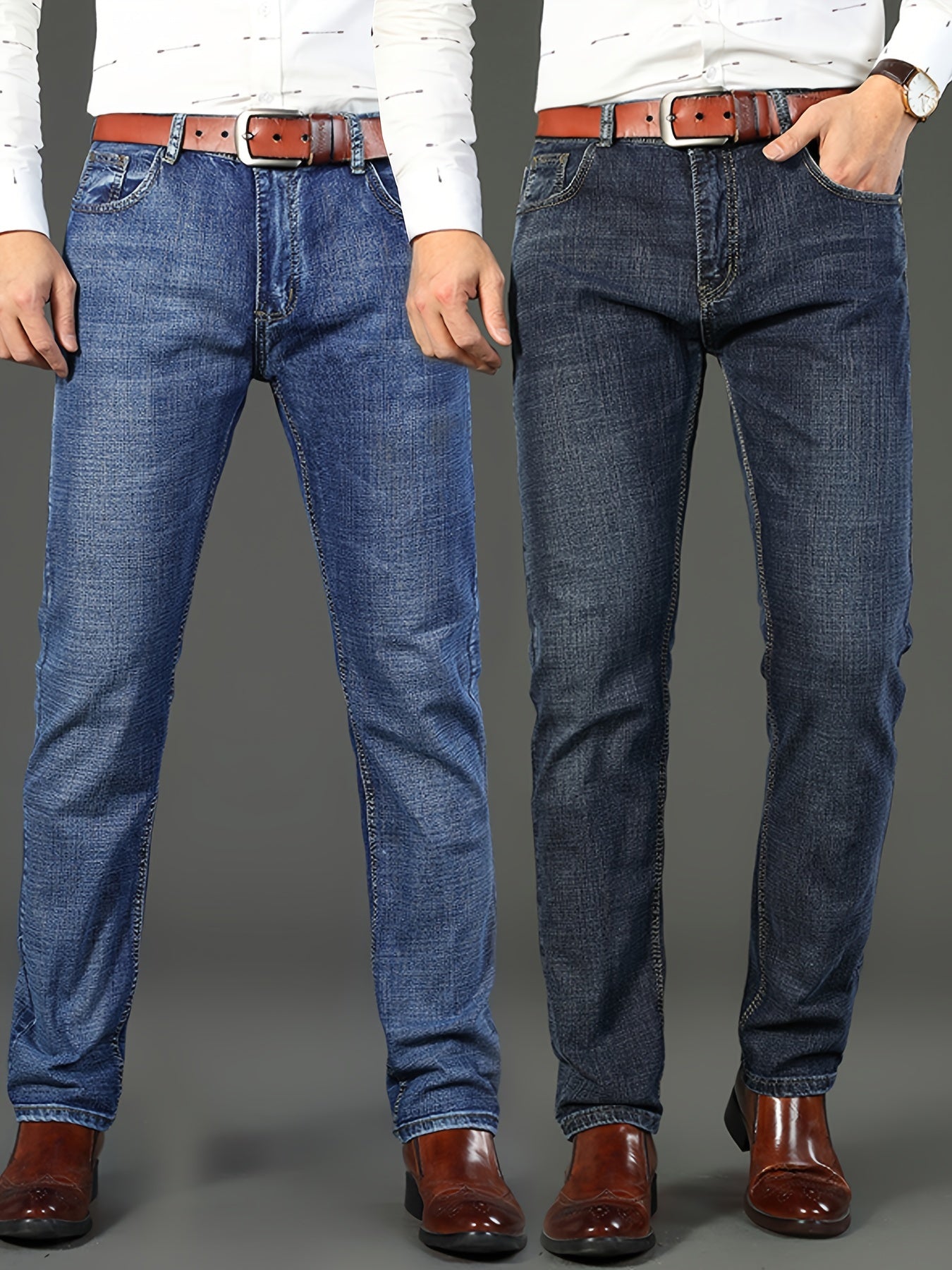 Pantalones de mezclilla sólidos para hombre con bolsillos, mezcla de algodón, ajuste regular para actividades al aire libre, set de 2