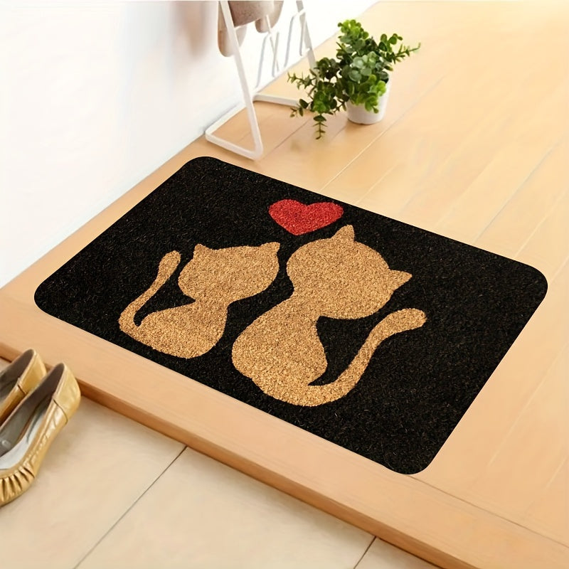 Heart Design Doormat with Cute Cat, Easy to Clean, Machine Washable, Rectangular Rug for Entryway