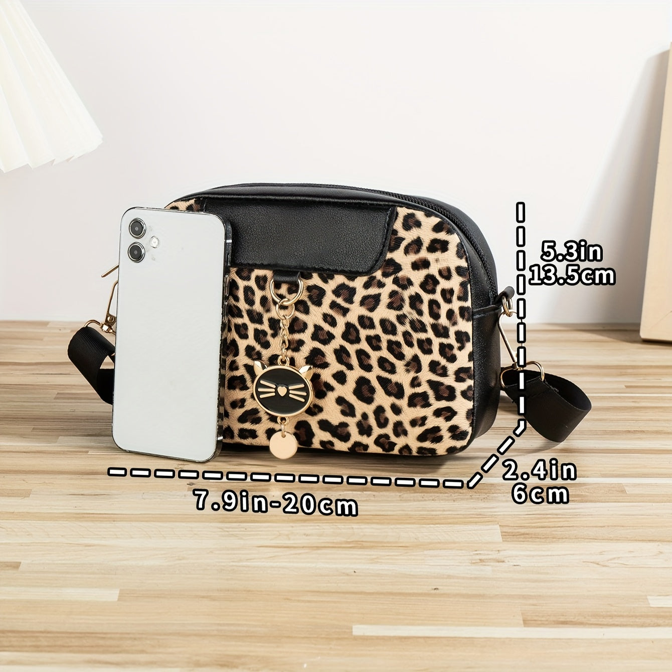 Leopard Print Crossbody Bag for Women with Adjustable Strap Cat Charm Zipper Closure