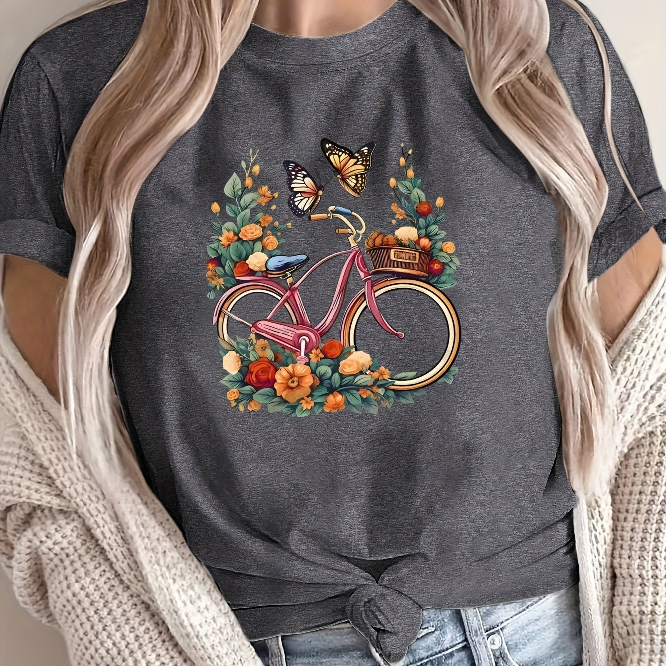 Women’s Floral Bicycle Print T-Shirt Casual Crew Neck Breathable Polyester Black