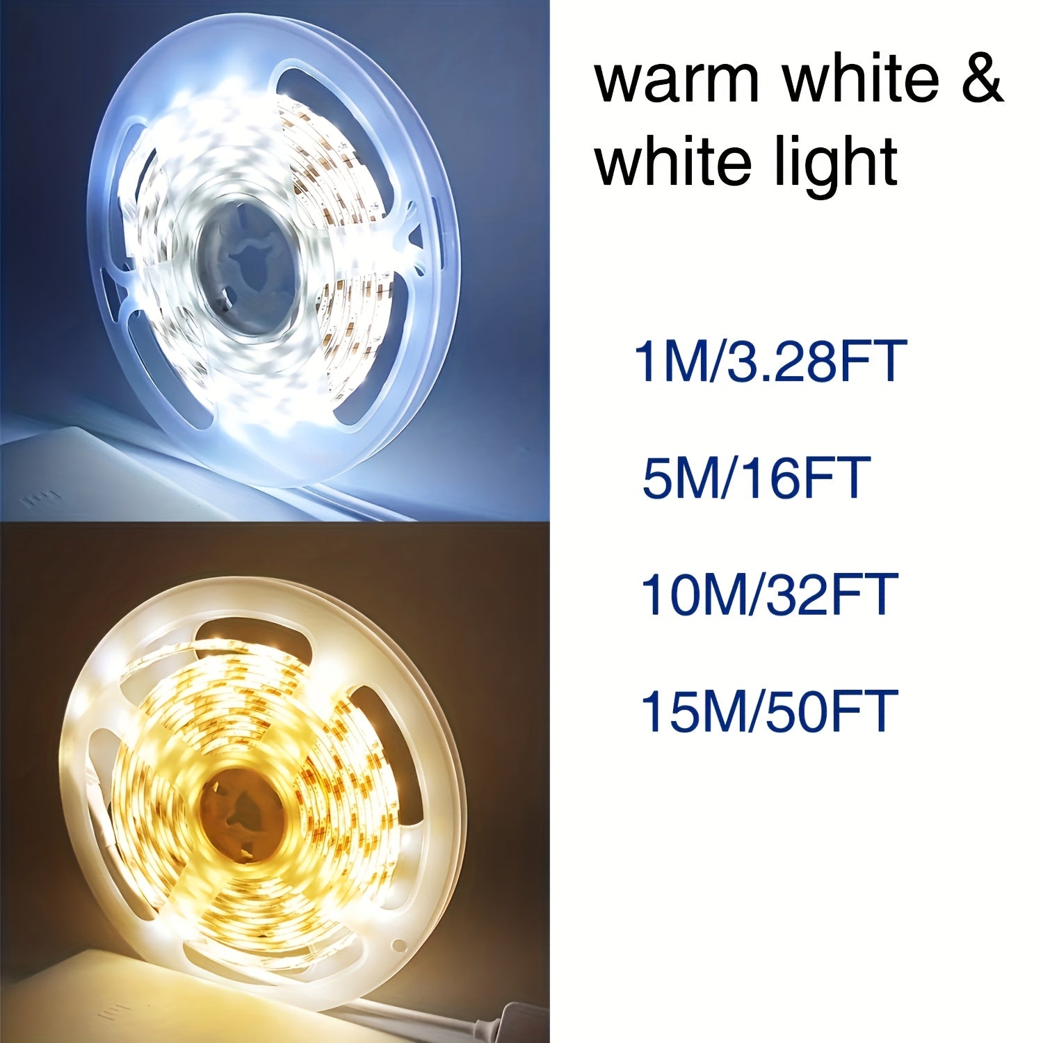 Dimmable LED Strip Lights USB Powered 4.88-15.24m Warm Cool White for Bedroom Kitchen Cabinet