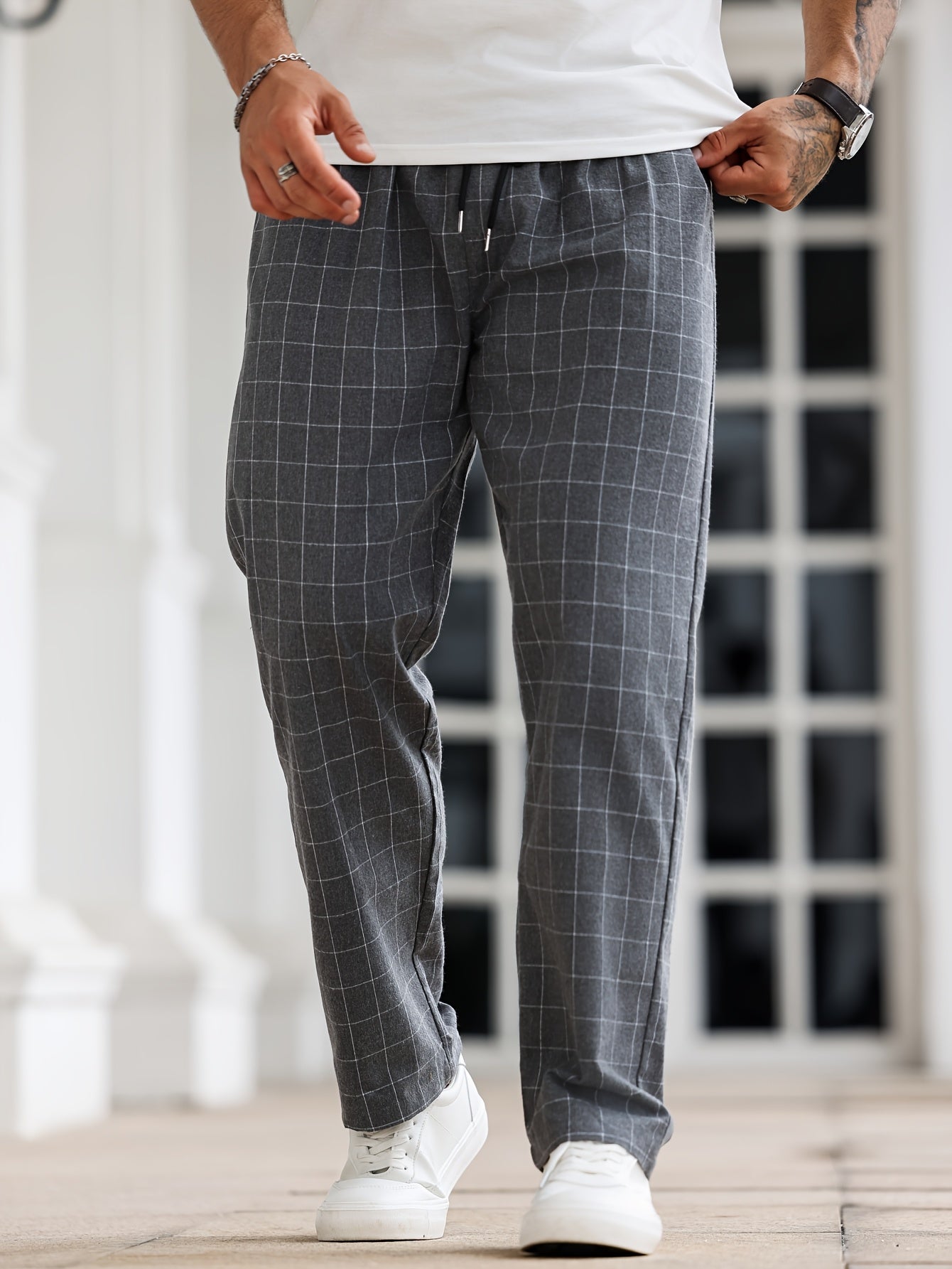 Men's Black and White Plaid Sleep Pants with Drawstring Polyester Lounge Casual