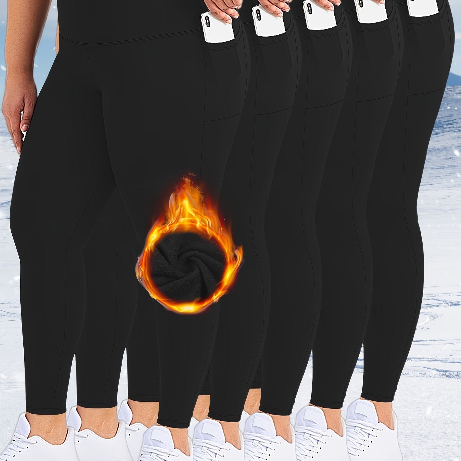 Plus Size Women's Fleece-Lined Leggings with Pockets Thermal Yoga Pants