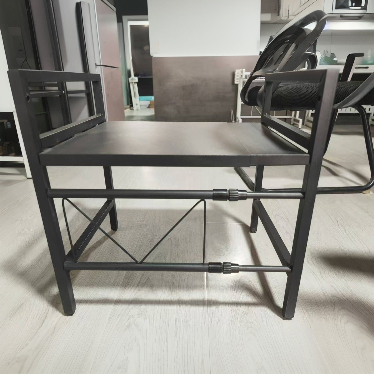 Compact black countertop microwave stand with two tiers, 6 hooks, durable metal