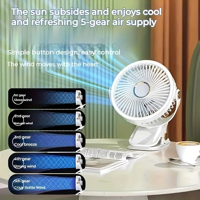 JKUOO Ultra-Quiet USB Qayta to'ldiriladigan shamol bilan kuchli havo oqimi, 5 tezlik, 720° aylanish dizayni – Uy, ofis, sayohat va ochiq havoda foydalanish uchun portativ sovutish klipli shamol, oq, stolga o'rnatiladigan