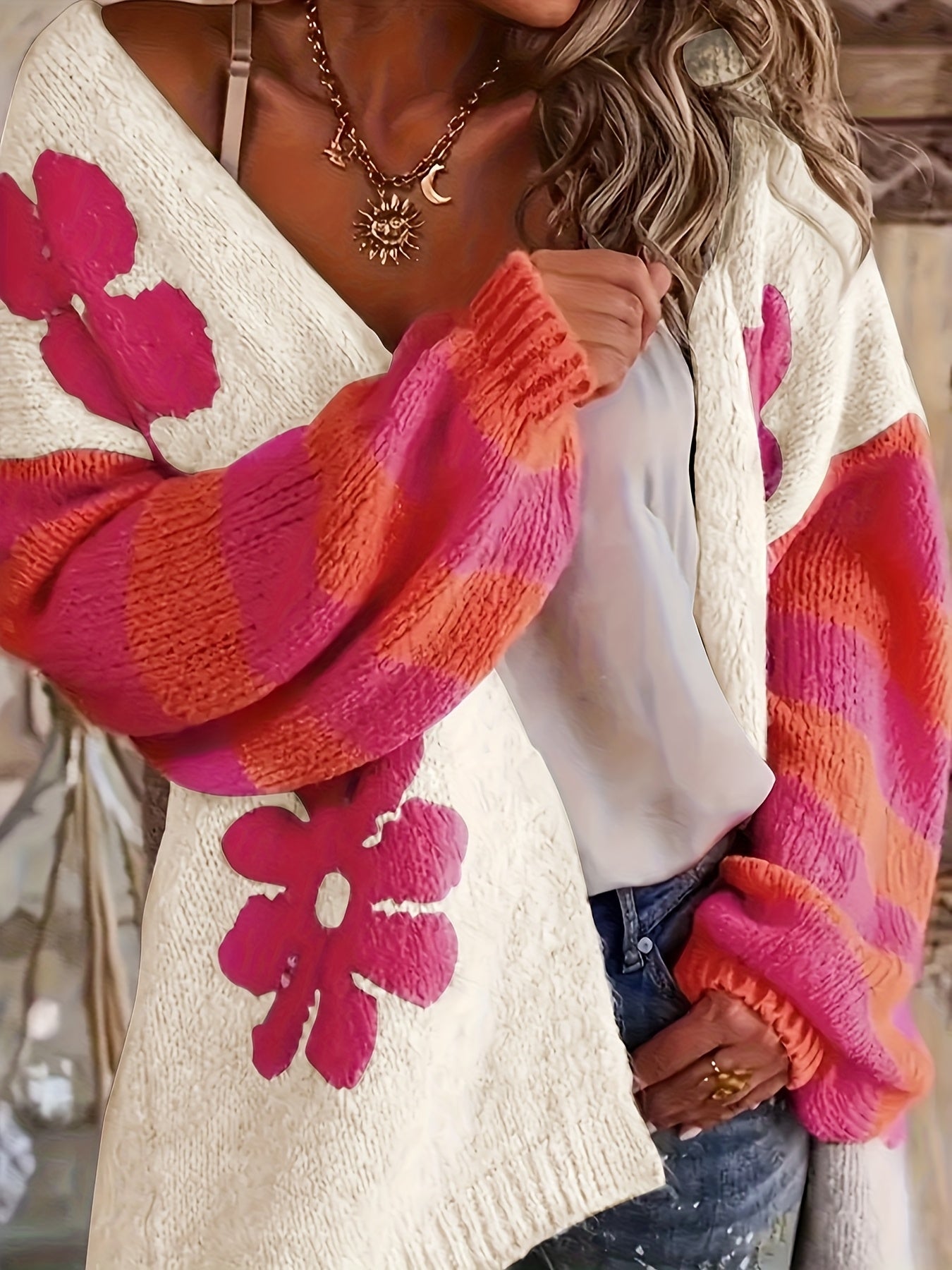 Cárdigan de punto para mujer talla grande, suéter de manga larga con abertura frontal, con estampado floral en rosa pastel y naranja