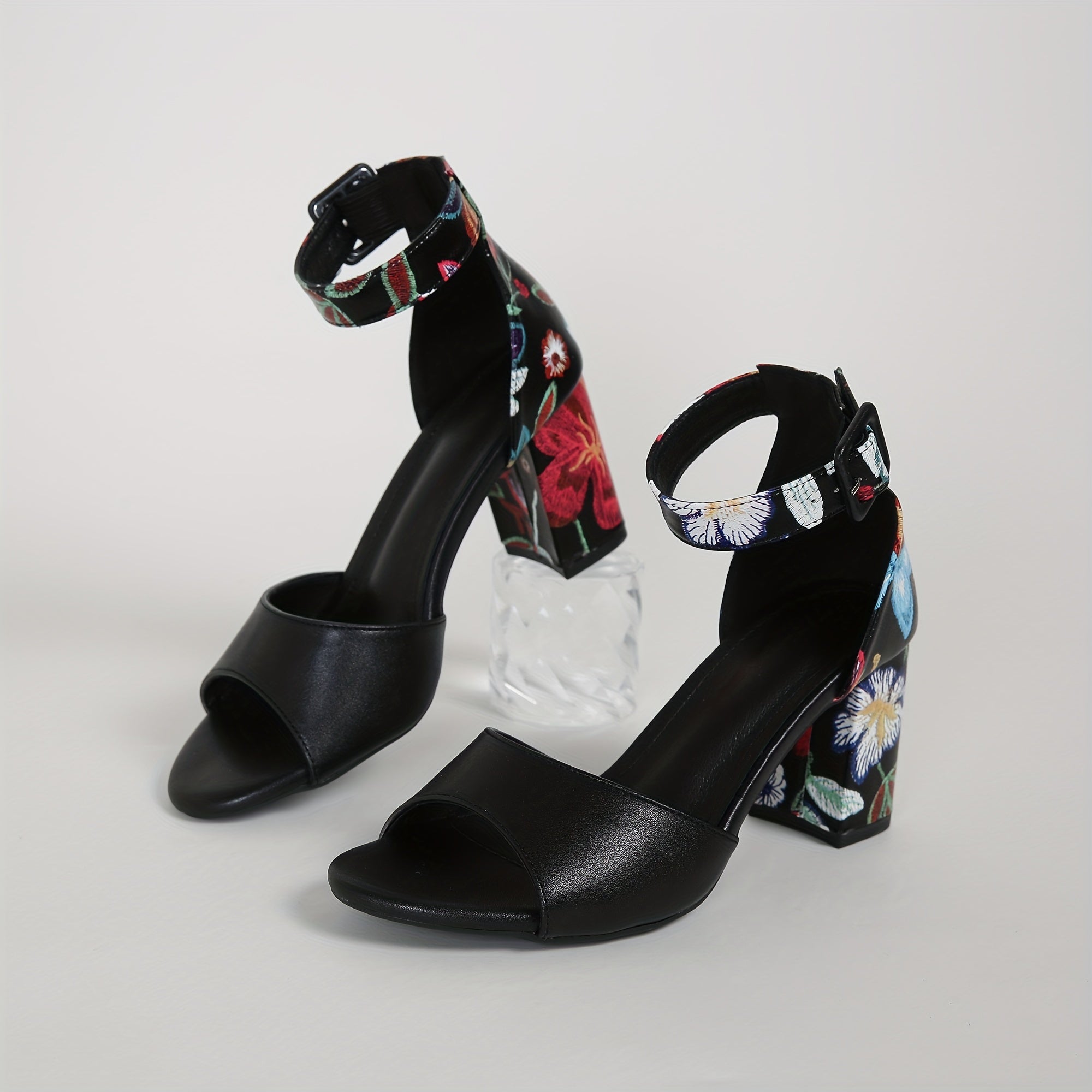 Women's Floral Embroidered Block Heel Pumps Peep Toe Ankle Strap Dress Shoes