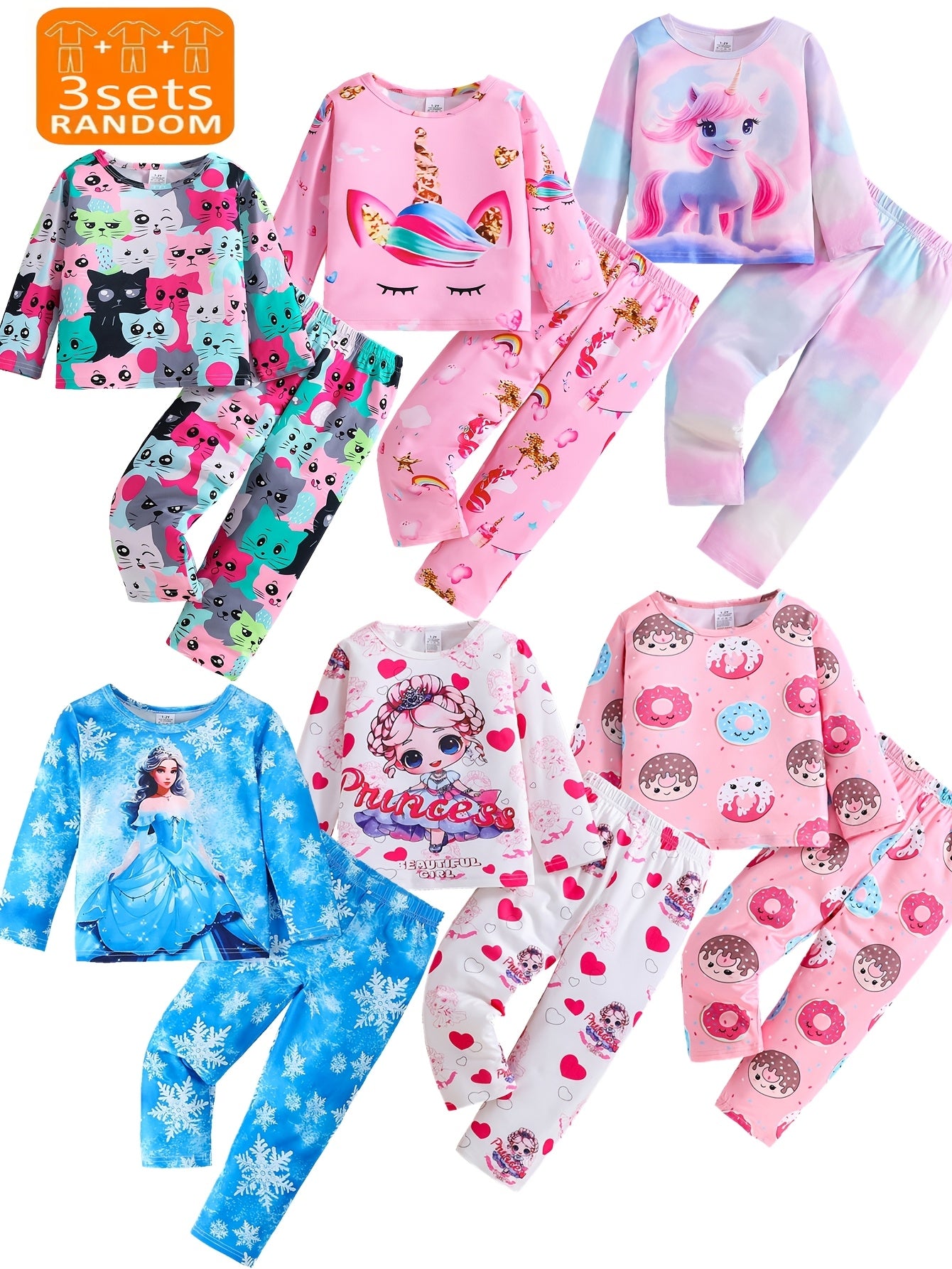 Girls' Flame Resistant Pajama Sets 3-Pack Long Sleeve Cartoon Patterns for Kids