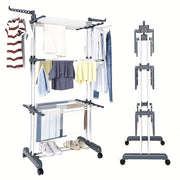 3-Tier Aluminum Clothes Drying Rack with Wheels Foldable Indoor Outdoor Laundry Organizer