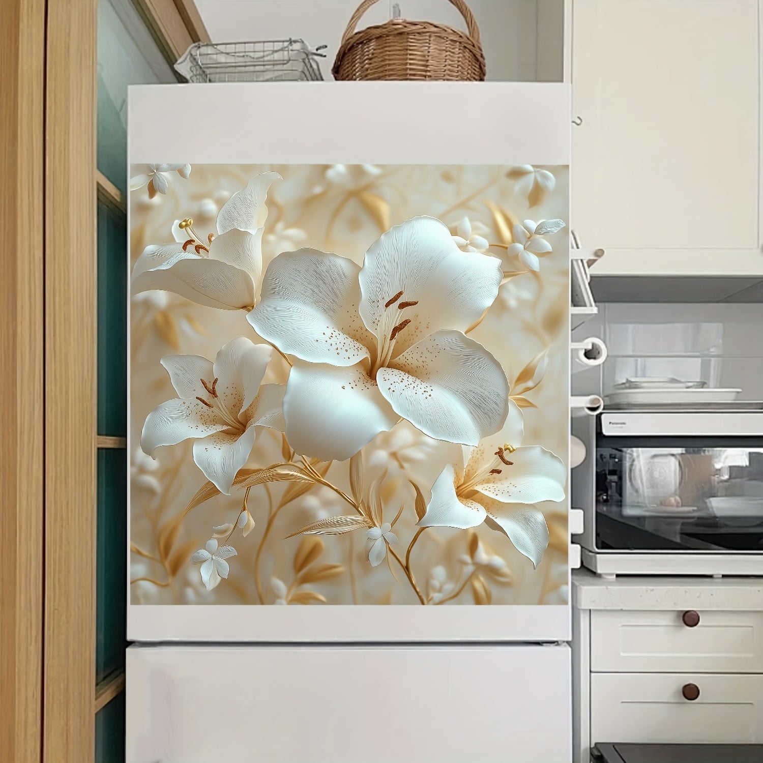 Beige Floral Vinyl Magnetic Dishwasher Cover Reusable Durable for Refrigerator Washing Machine Cabinet