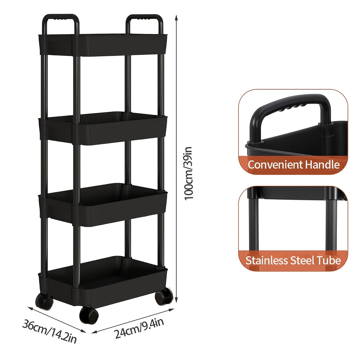 Черная 4-х уровневая пластиковая тележка на колесиках с ручкой, идеально подходит для офиса, гостиной, кухни или спальни, многофункциональная тележка для хранения на колесах
