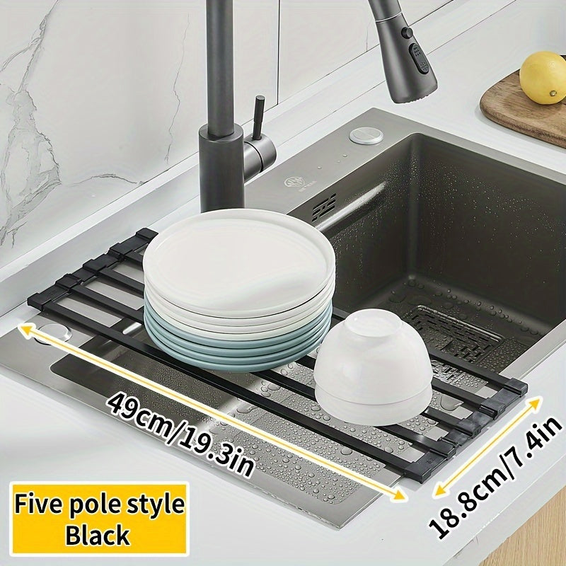 Yengil saqlash uchun egiladigan alyuminiy idish quruq rack - samarali idish yuvish uchun oshxona cho'kmasi, plastinkalar, idishlar va asboblar uchun drenaj savatni o'z ichiga oladi, idishlarni quritish va oshxonada joyni tejash uchun ideal.