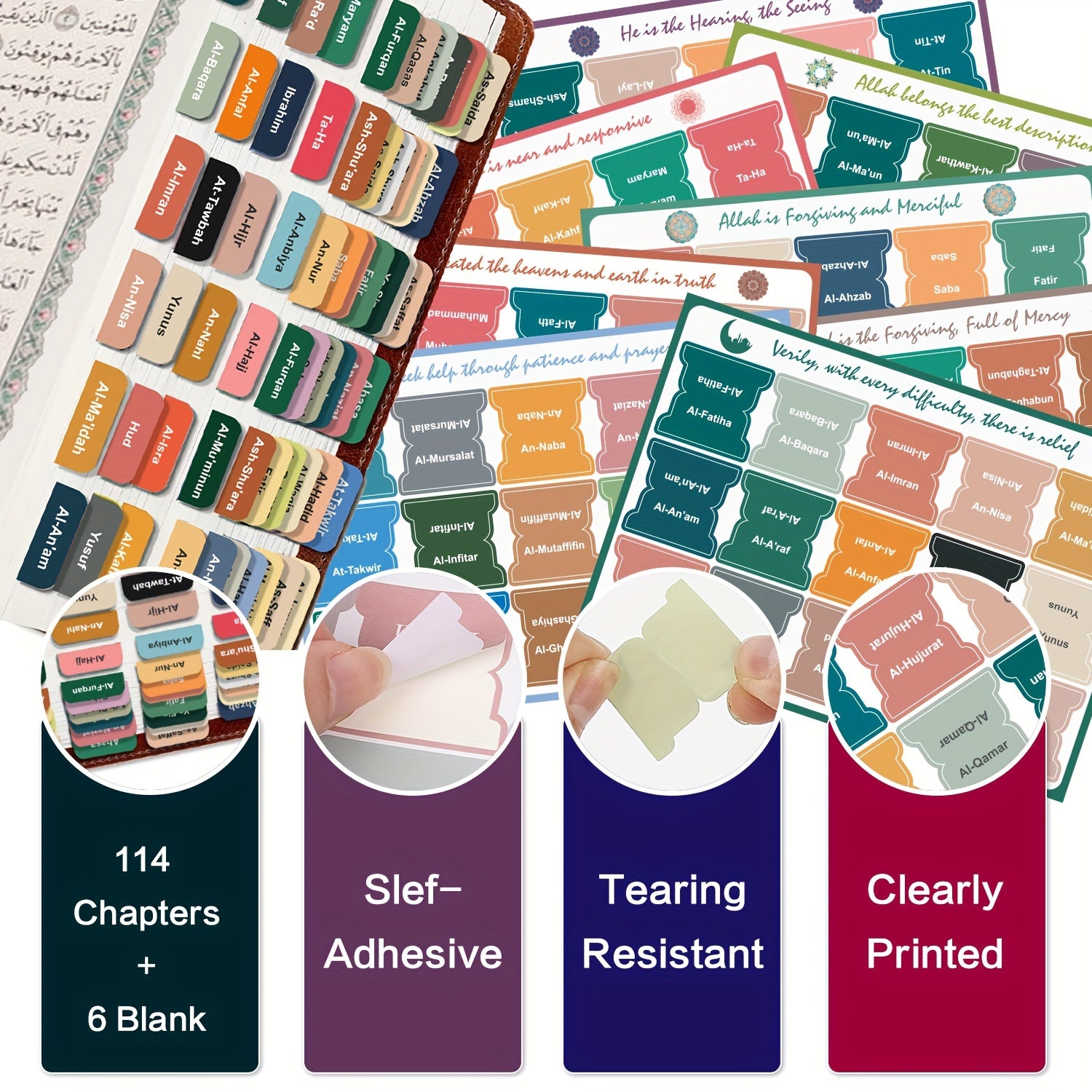 Self-Adhesive Quran Index Tabs Set of 8 Sheets with 114 Chapters and Blank Tabs