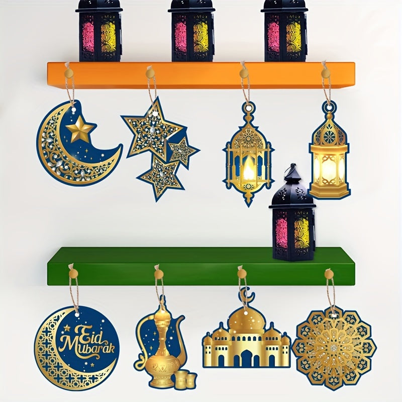 14/10pcs Eid Mubarak Paper Hanging Ornaments with 5m Hemp Rope for Ramadan Party Decorations
