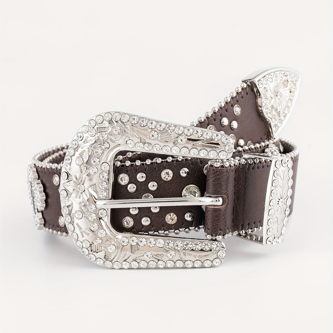 Cinturón unisex de cuero brillante con incrustaciones de rhinestones, hebilla tallada, remaches cruzados y diseño con tachuelas para hip hop, Y2K, vaqueros y pantalones