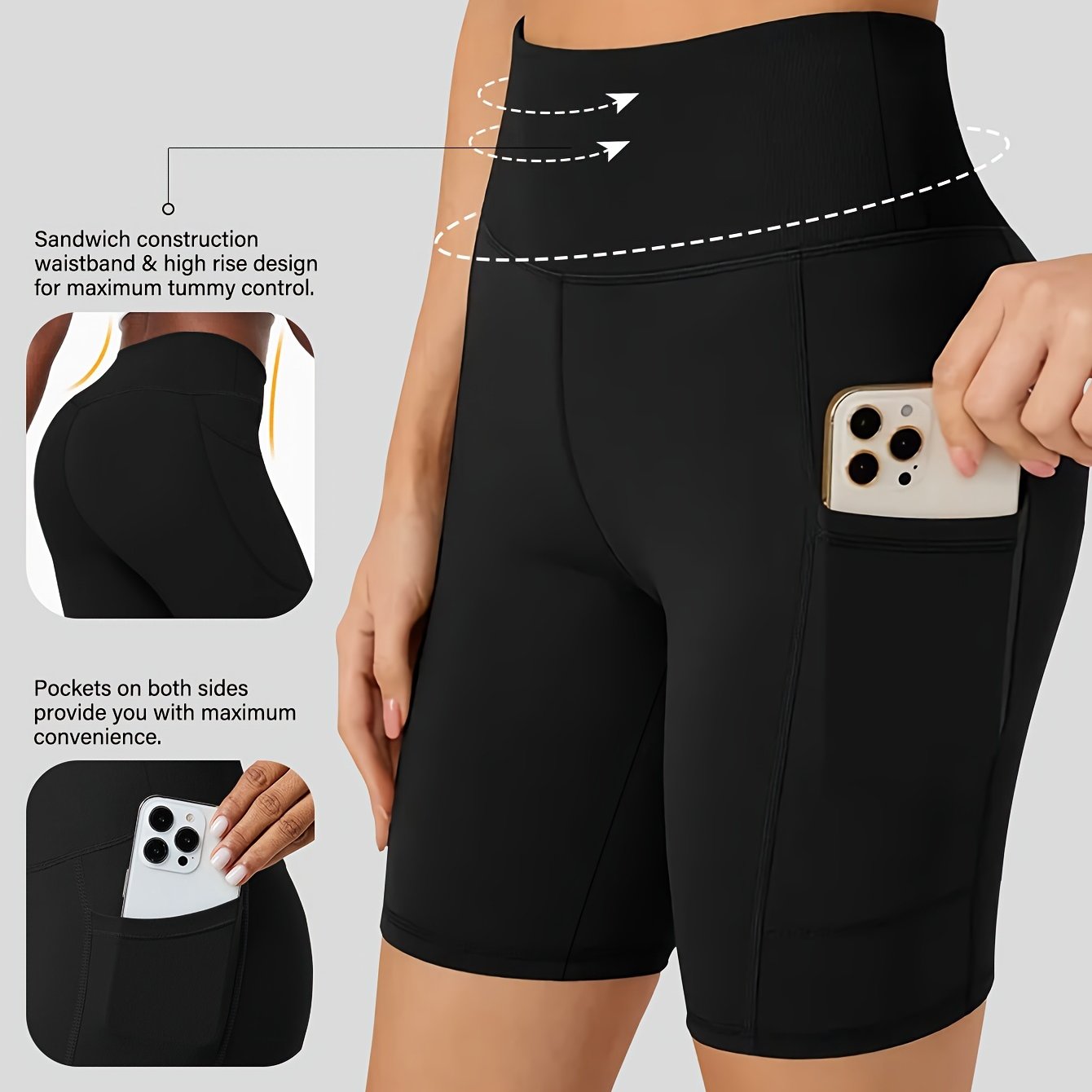 Women's High-Waist Cycling Shorts with Side Pockets Breathable Stretch Fitness Outdoor