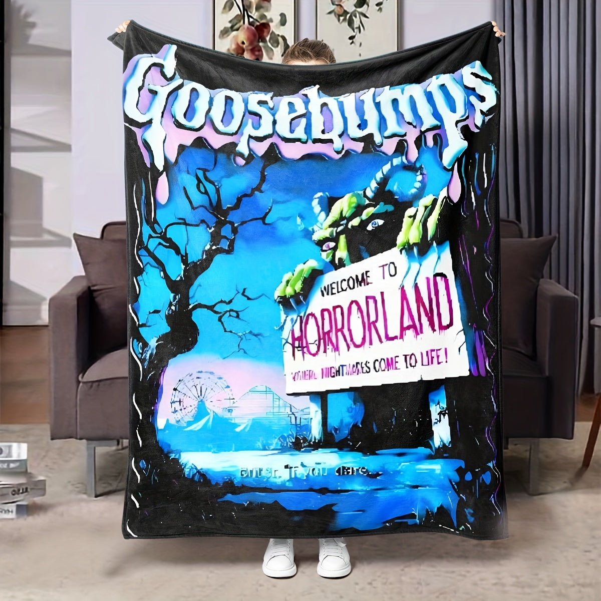 Flannel Throw Blanket with Goosebumps Horrorland Digital Print Fleece All-Season Bedding