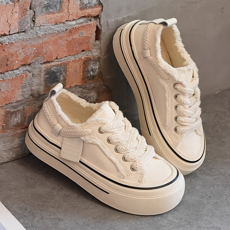 Women’s Chunky Platform Canvas Sneakers Breathable Casual Shoes Lace-Up