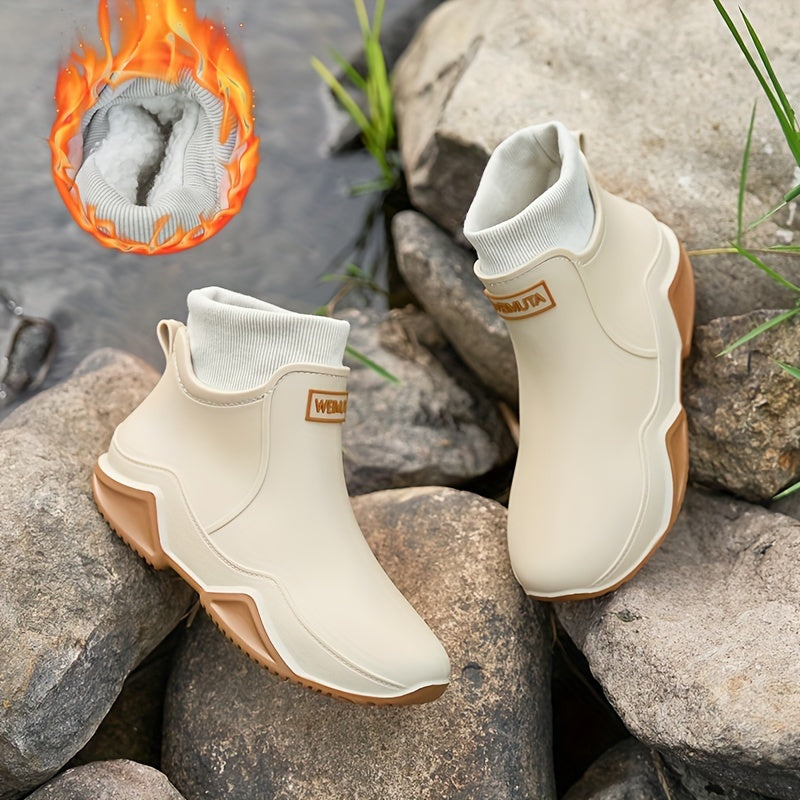 Women'S Fleece-Lined Rain Boots Slip-On Ankle Waterproof Garden Shoes