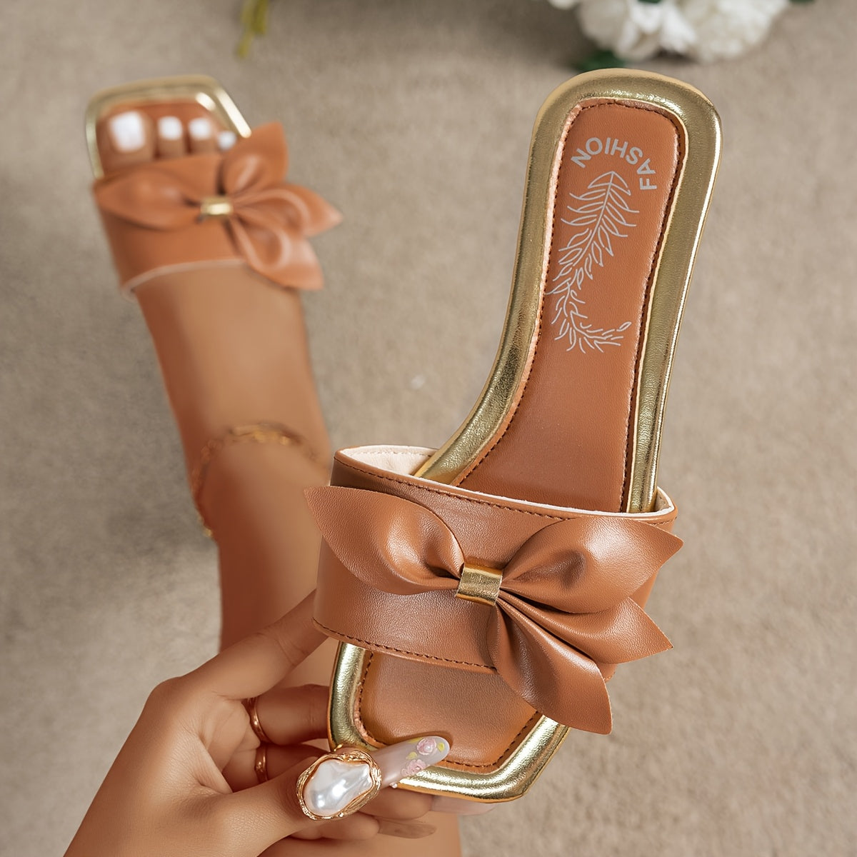 Women's Flat Square Toe Slip-On Sandals with Bow, Pink and Gold