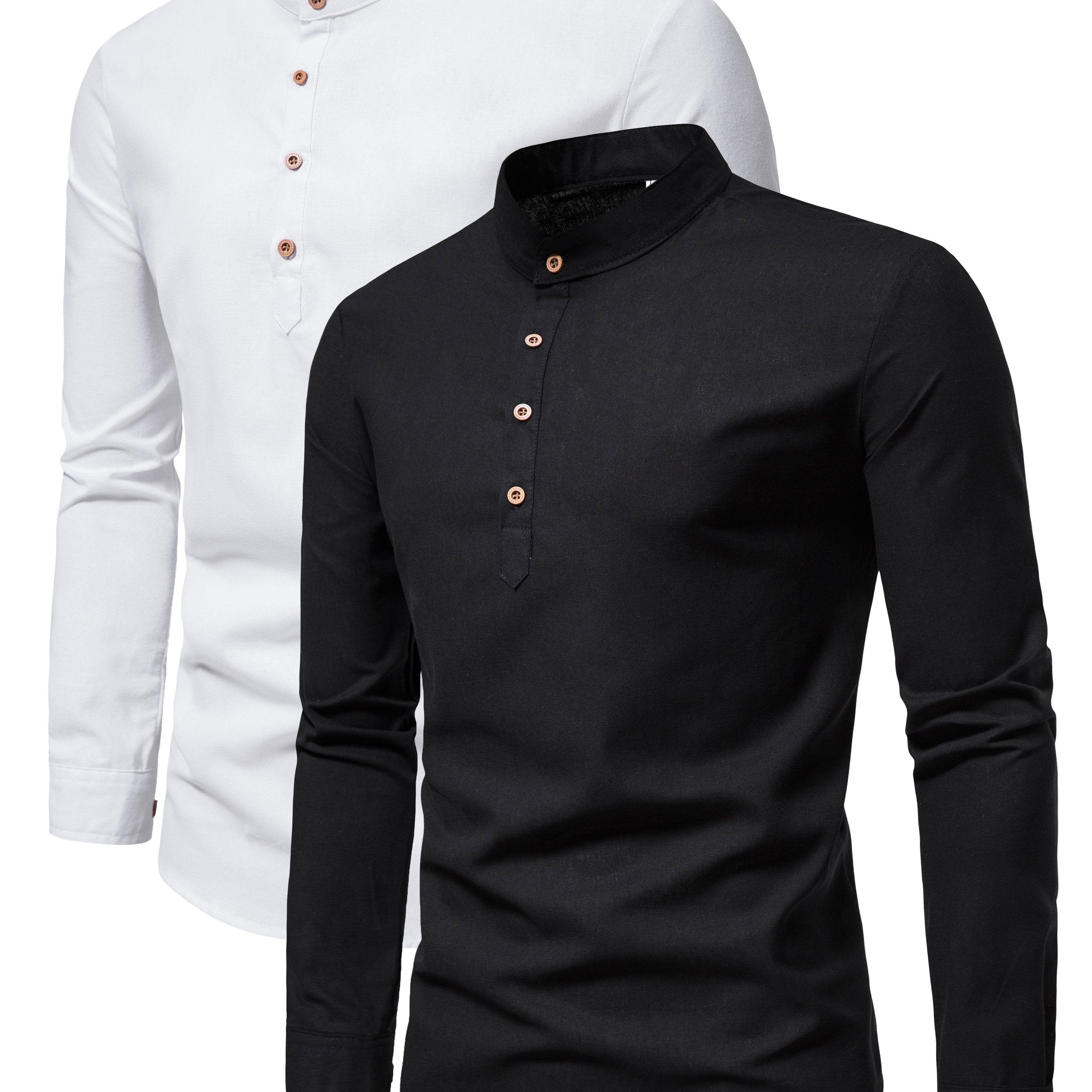 Men's Cotton Long-Sleeve Shirt Set Spring Autumn Stand Collar Slim Fit Solid Color Outdoor