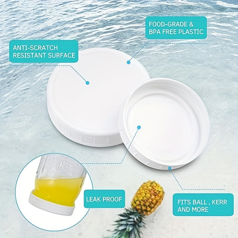 16 ta plastik Mason bankasi qopqog'i to'plami Ball, Kerr va boshqa brendlar uchun. Mason/qadoqlash bankalari uchun oq suyuqlik o'tkazmaydigan qopqoq, zarur oshxona aksessuari.