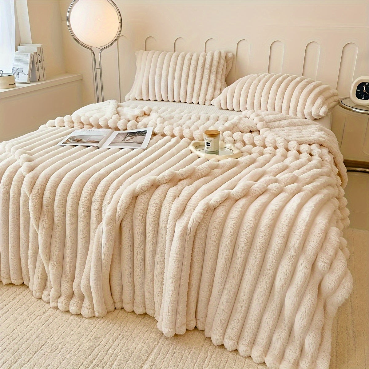 Striped Plush Throw Blanket for Couch Bed All-Season Warmth