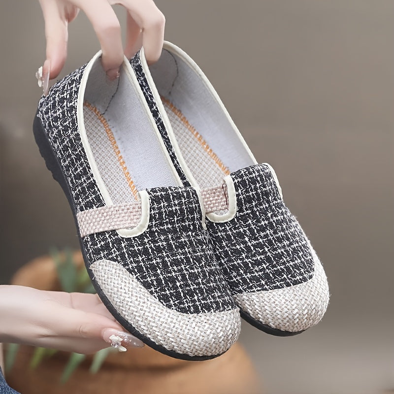 Women's Canvas Slip-On Sneakers with Geometric Pattern and Rubber Sole