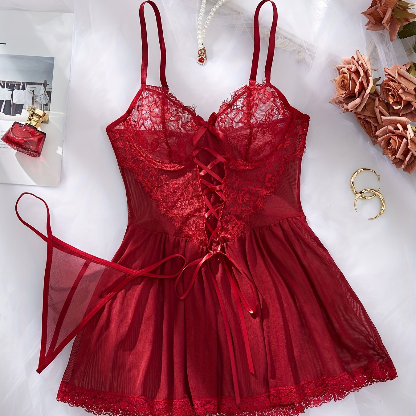 Women's Nightdress and Thong Set with Thin Shoulder Straps and Stylish Design