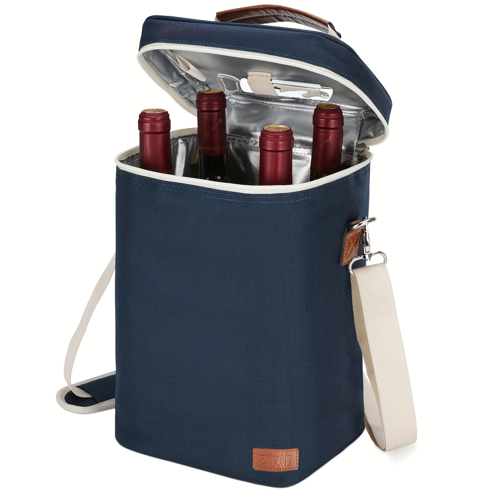 Insulated Wax Canvas Wine Tote Bag Holds 4 Bottles with Wine Opener for Travel Beach Weddings