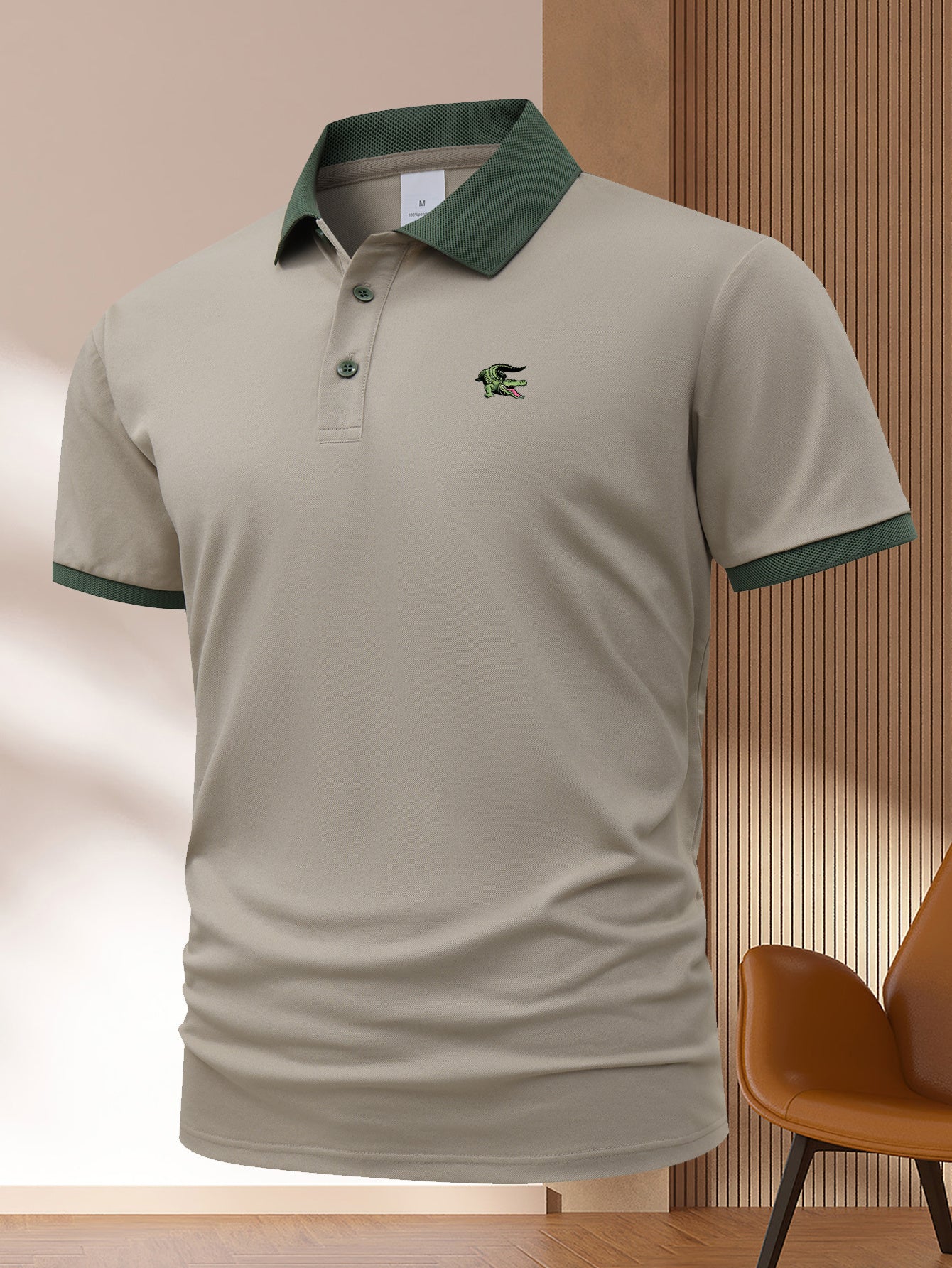 Camisa polo de punto para hombre de poliéster, verano, casual, patrón geométrico en azul marino, verde claro, caqui
