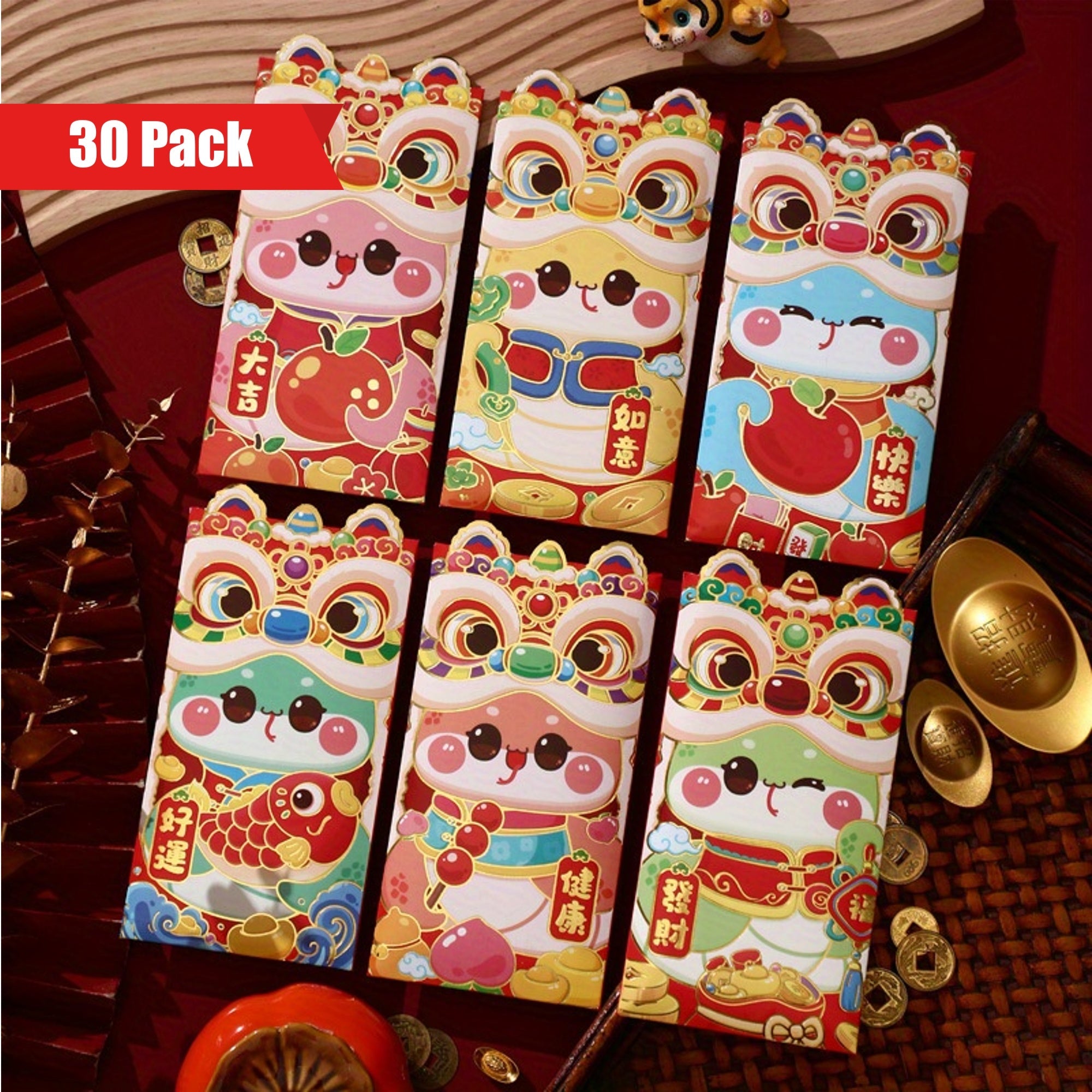 Pack of 30 Red Envelopes Chinese New Year 2025 Snake Design Lucky Money Pockets Festive Paper Gift Bags