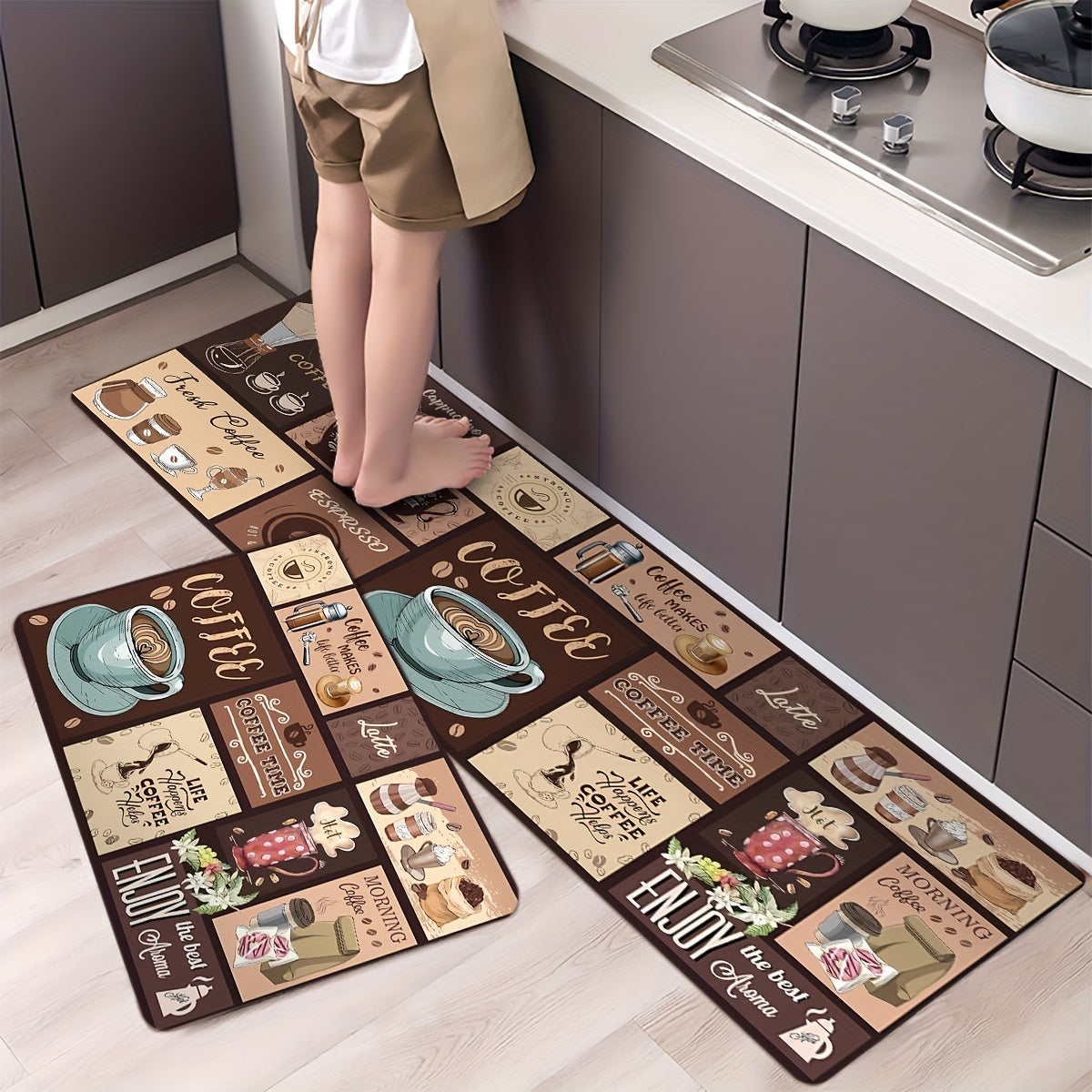 Vintage Coffee Kitchen Mat Anti-Fatigue Entryway Bedroom Living Room Easy to Clean