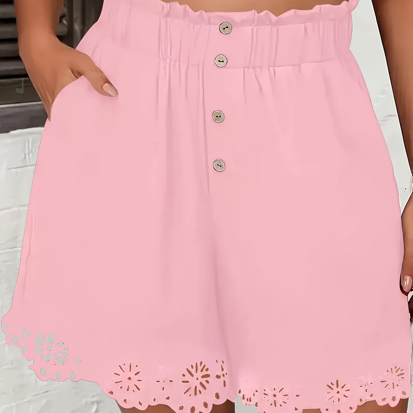 Women's High-Waist Pocket Shorts Polyester Floral Lace Breathable Casual