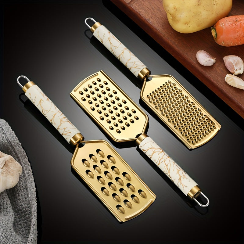 Stainless Steel Kitchen Grater for Shredding Food with Safe Handle and Gold Finish