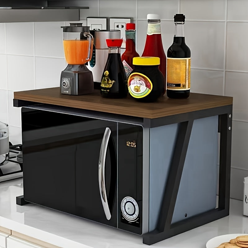 Qozonli mikroto'lqinli pech uchun qora va yog'och aksentli oshxona saqlash racki, texnikalar, ziravorlar va idishlarni tartibga solish uchun.