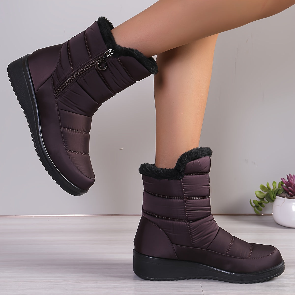 Women's Mid-Calf Winter Boots Plush Faux Fur Side Zipper Quilted Purple