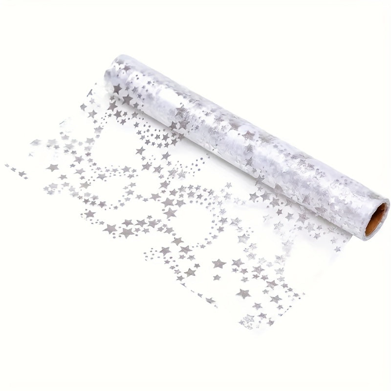 Linen Table Runner with Gold Metal Organza Stars for Christmas and Weddings