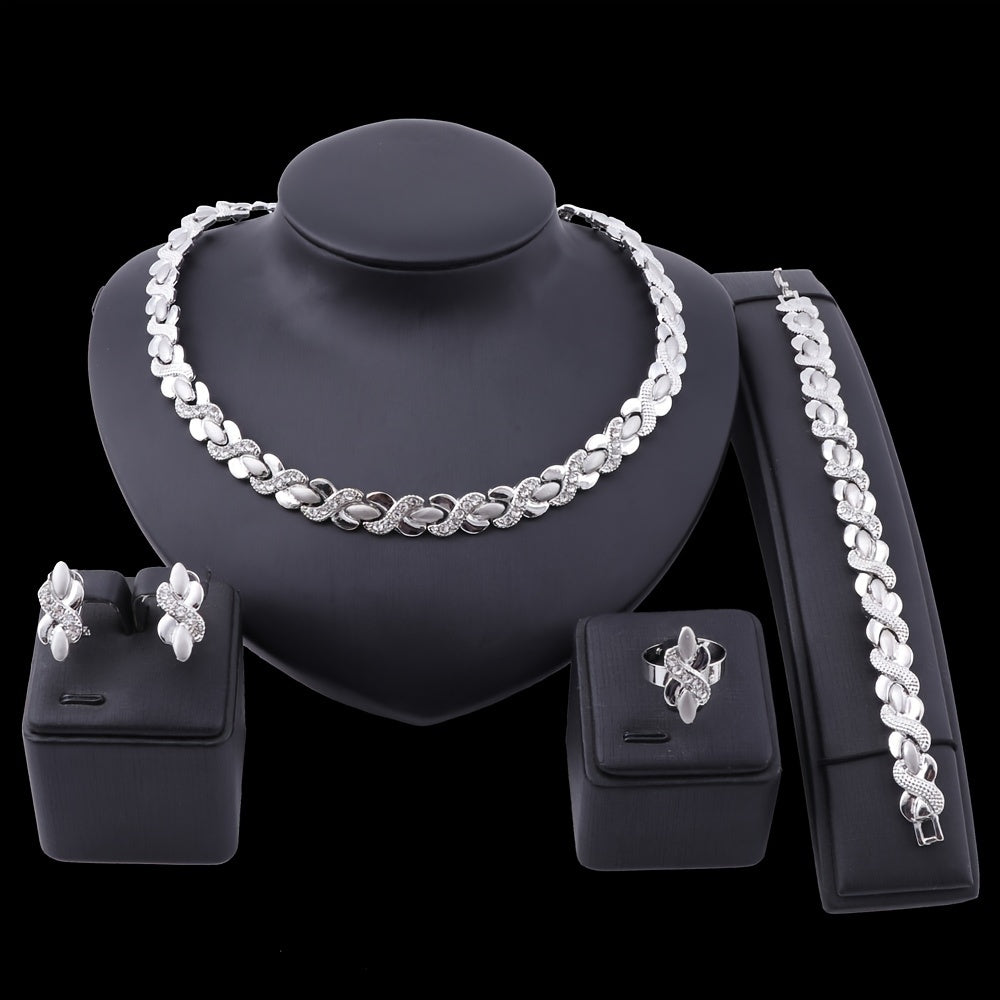 Conjunto de joyería en tono dorado para mujer: collar, pendientes, pulsera y anillo para bodas y eventos