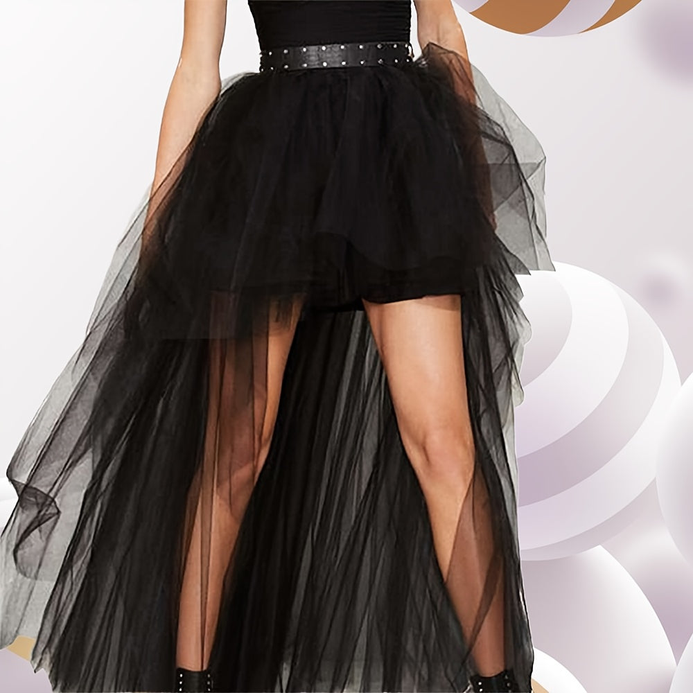 Ayollar uchun qora yuqori-pastki shaffof gauze yubkasi, to'ylar va bayramlar uchun