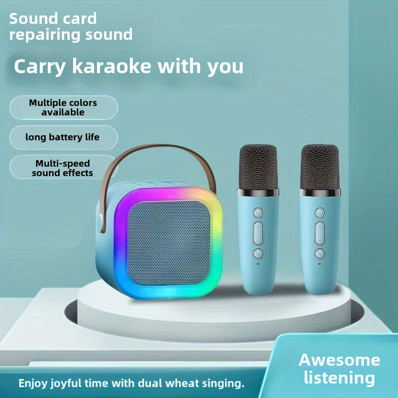 Mini Wireless Karaoke Machine with 2 Microphones for Kids and Family Use USB Rechargeable Speaker