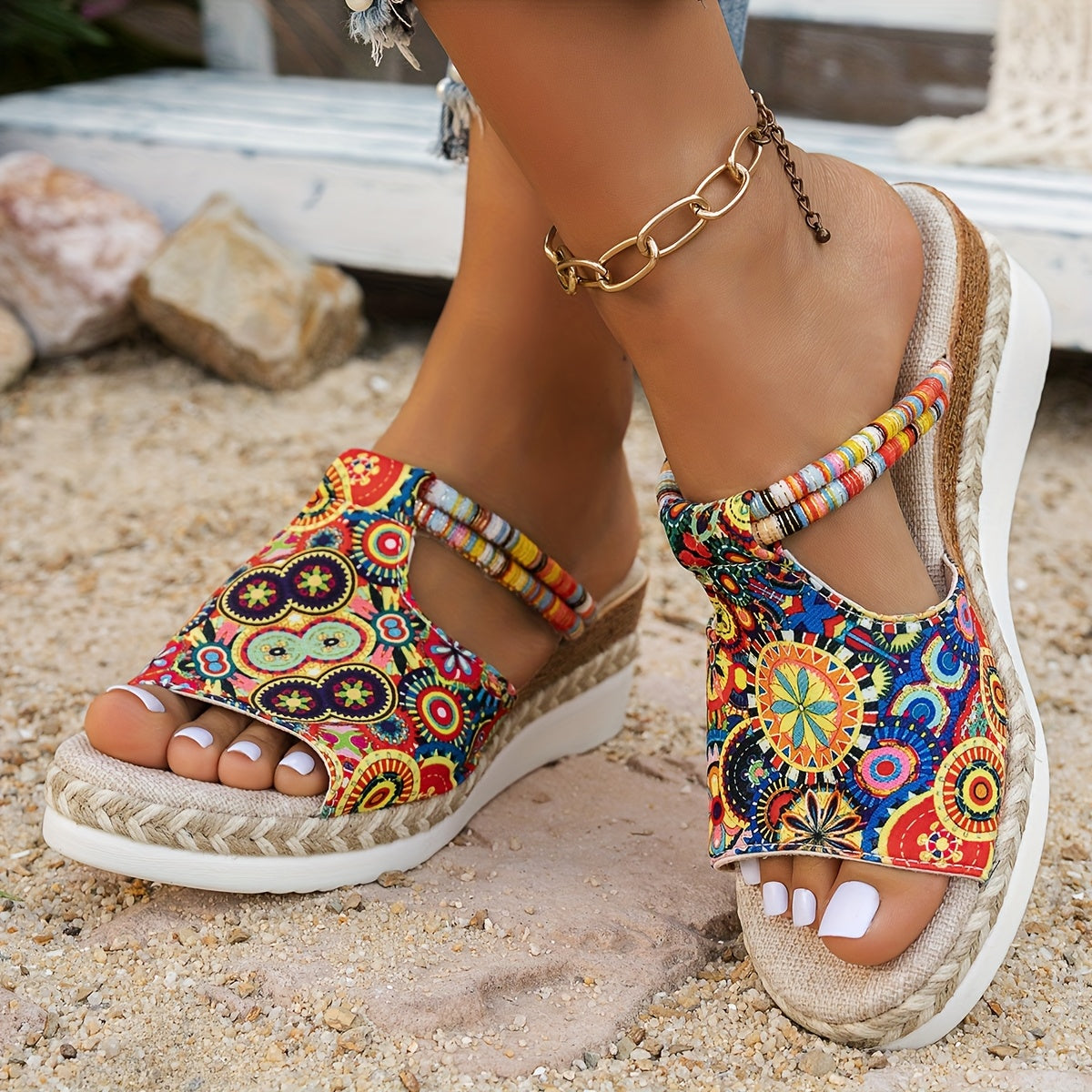Women's Bohemian Style Slide Sandals Vibrant Geometric Pattern Open Toe