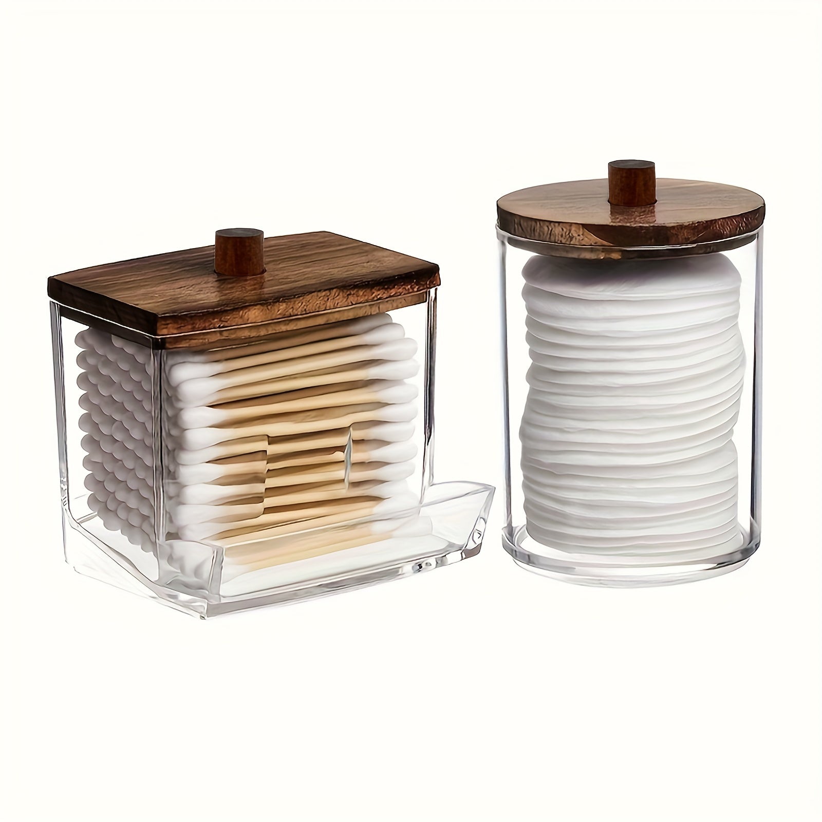 Bathroom Storage Container Set with Brown Wood Lids for 7oz or 10oz Swabs and Cotton Balls
