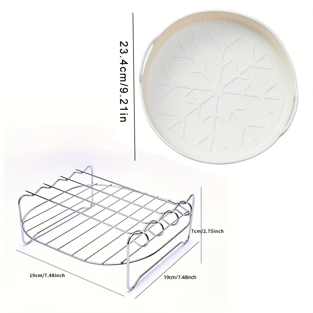 7 ta Stainless Steel Air Fryer Accessories to'plami, Grill Rack, 4 ta Skewer va 2 ta Silikon Pishirish Yostiqlari bilan. Oziq-ovqat uchun xavfsiz, Grill, Pishirish va Mikrotolqinli pechda pishirish uchun ideal. Muhim oshxona asboblari bilan to'liq.